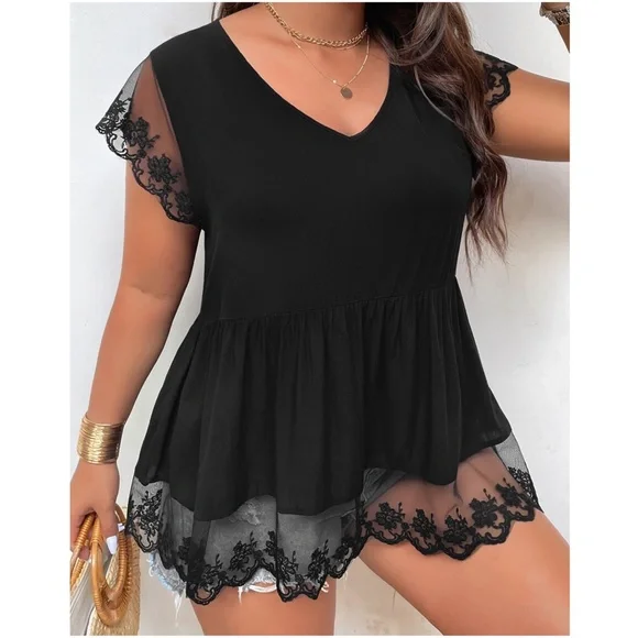 Plus Black Floral Ruffle Sleeve Blouse - Picture 1 of 4